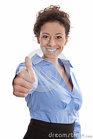 Successful businesswoman in blue - close up of thumbs up isolat Stock Photo