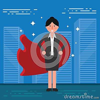 Successful businesswoman or broker in suit and red cape on city Vector Illustration