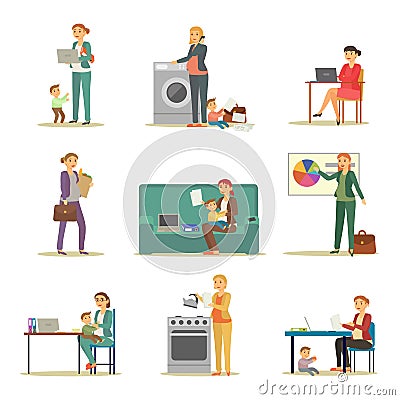 Successful Businesswoman and Excellent Mother Set Vector Illustration