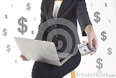 Successful businesswoman very happy because got money from success new project on white dollar background Stock Photo