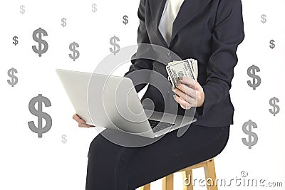 Successful businesswoman very happy because got money from success new project on white dollar background Stock Photo