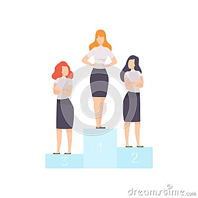 Successful Businesswomen Standing on Pedestal, Business Competition among Female Office Workers, Rivalry Between Vector Illustration