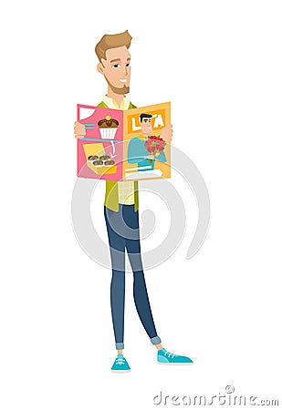 Successful caucasian businessman reading magazine. Vector Illustration