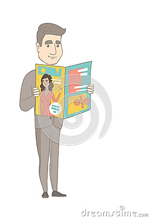 Successful caucasian businessman reading magazine. Vector Illustration