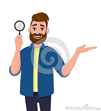 Successful cheerful bearded young man holding magnifying glass and gesturing hand sign to copy space side away to present. Vector Illustration