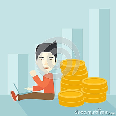 Successful chinese businessman sitting with a pile Vector Illustration