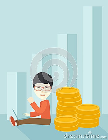 Successful chinese businessman sitting with a pile Vector Illustration