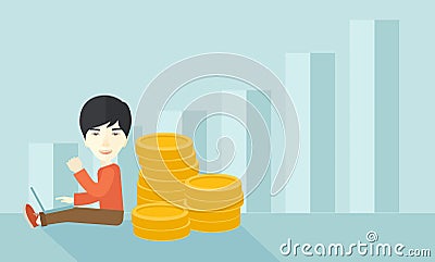 Successful chinese businessman sitting with a pile Vector Illustration