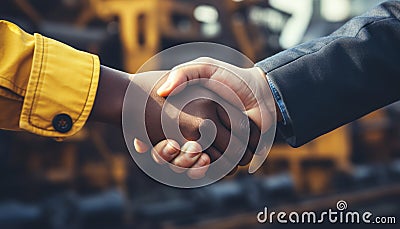 Successful Collaboration. Businessman and Workers Shake Hands on Construction Site Stock Photo