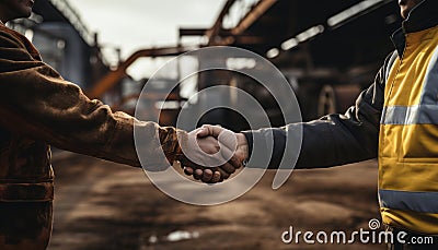Successful Collaboration. Worker and Engineer Shake Hands at Construction Site Stock Photo