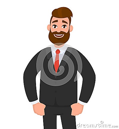 Successful confident happy businessman standing while smiling and thumb finger inside the pant or trouser pocket. Vector Illustration