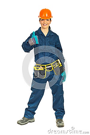 Successful constructor worker gives thumbs Stock Photo