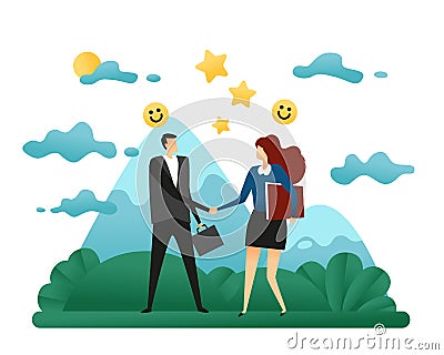 Successful Contract Conclusion. Woman and Man Business Handshake Business Concept Vector Illustration Stock Photo