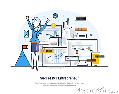 Successful entrepreneur creating startup projects and celebrating success. Business project startup process, growth, successful Vector Illustration