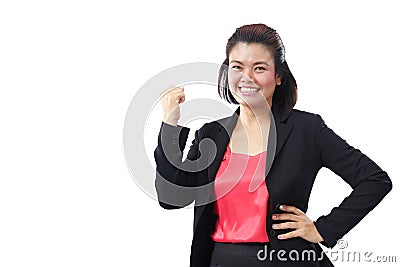 Successful executive very excited, happy smiling business woman. Asia business woman person expression YES Fist Pump Stock Photo