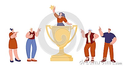 Successful female concept with girl in gold cup holding star. People point on success, winner and happiness. Business Vector Illustration