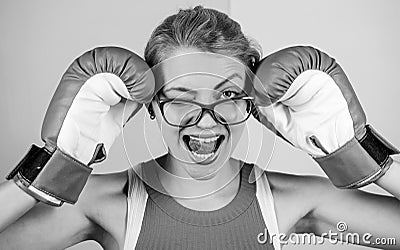 Successful female. Smart strong and sexy. Super woman concept. Successful womanhood. Woman boxing gloves adjust Stock Photo