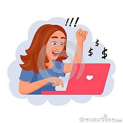 Successful girl working at a laptop. Vector illustration Cartoon Illustration