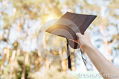 Successful graduate, in academic dresses, raised up graduation c Stock Photo