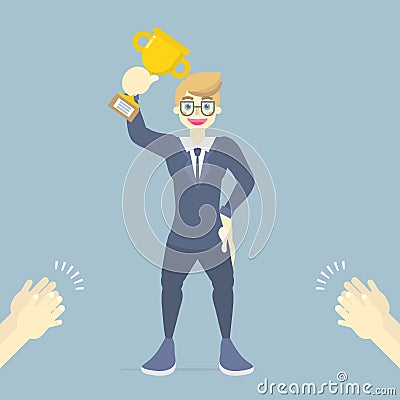 Successful and happy businessman, office worker holding trophy award and applause Vector Illustration