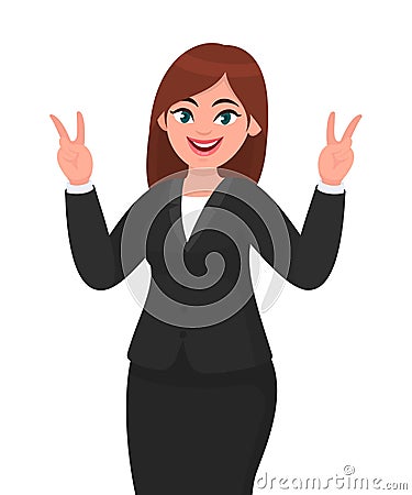 Successful happy businesswoman showing / gesturing V or victory sign. Businesswoman showing two fingers. Vector Illustration