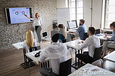 Successful happy group of people learning software engineering and business during presentation Stock Photo