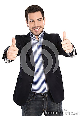 Successful happy isolated young businessman with thumbs up. Stock Photo