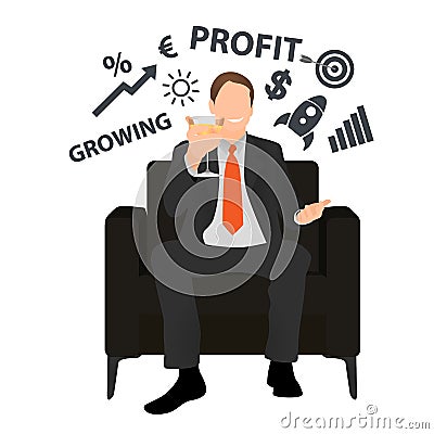Successful happy vector businessman sits in a chair and raises a toast. Corporate party concept. Office party. Business success Vector Illustration