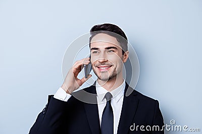 Successful and happy young brunete entrepreneur banker is having Stock Photo