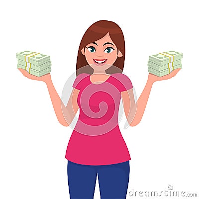 Successful happy young business woman holding cash / money / currency / banknote bundle in hands. Business and finance concept. Vector Illustration