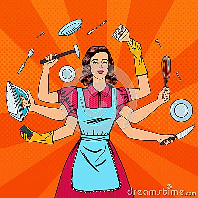 Successful Housewife. Multitasking Woman Vector Illustration