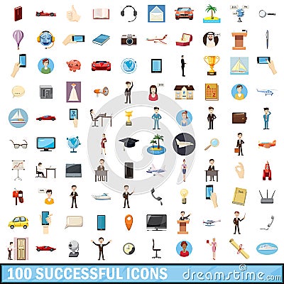 100 successful icons set, cartoon style Vector Illustration