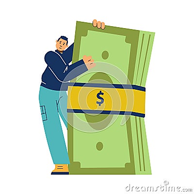 Successful investor with stack of money, flat vector illustration isolated. Vector Illustration