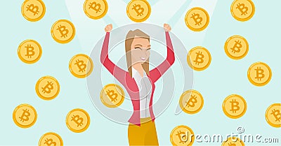 Successful investor standing under bitcoin rain. Vector Illustration