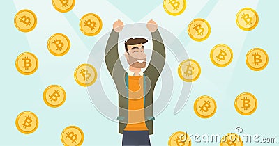 Successful investor standing under bitcoin rain. Vector Illustration