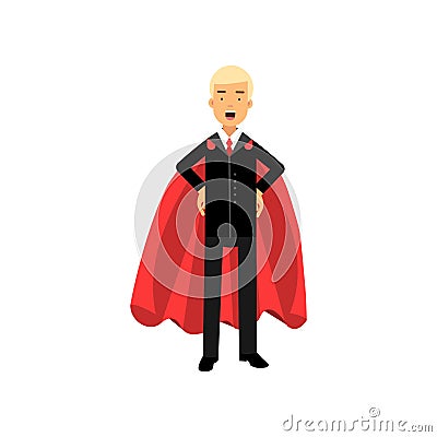 Successful man in red superhero cape standing with arms akimbo. Male character in classic business suit with tie. Office Vector Illustration