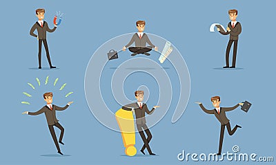 Successful Manager In A Business Suit Doing The Daily Work In The Office Vector Illustration Set Isolated On Blue Vector Illustration