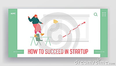 Successful Manager Goal Achievement Website Landing Page. Business Woman Dancing on Office Desk at Growing Arrow Vector Illustration