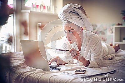 Successful means all time business. Morning middle age woman. Stock Photo