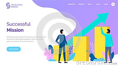 Successful mission landing page template, project management. Achievement in business and motivation Vector Illustration