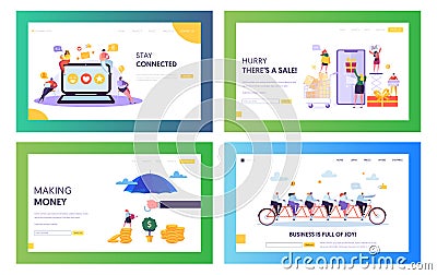 Successful Online Business Team Concept Landing Page Set. People Chatting and Make Sale at Online Store Mobile Application Vector Illustration