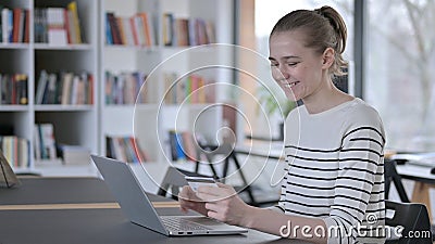 Successful Online Payment on Laptop by Happy Woman, Library Stock Photo