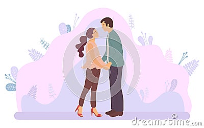 Dating Couple, Hugging Man and Woman, Purple Plant Vector Illustration