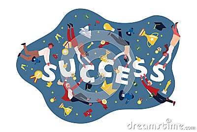 Successful people, sportsmen with trophies, cups, golden medals, actors receiving awards, students getting diploma Vector Illustration