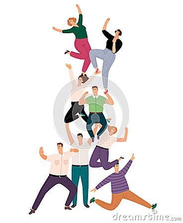 Successful people teamwork pyramid. Happy young human community support illustration, success casual cartoon crowd of Vector Illustration