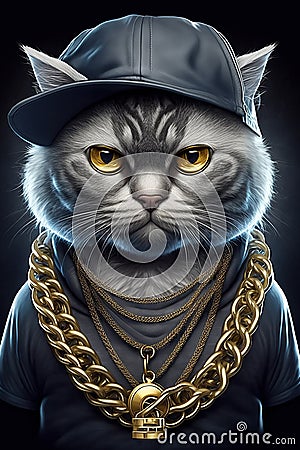 successful rapper boss with cat head in gangsta style with gold chains. Thug life character. Generative AI illustration Cartoon Illustration