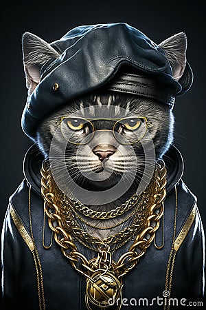 successful rapper boss with cat head in gangsta style with gold chains. Thug life character. Generative AI illustration Cartoon Illustration