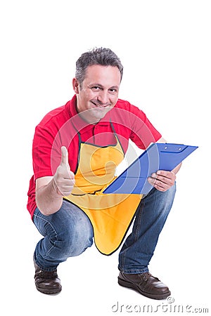Successful seller indicate like sign and smiling Stock Photo