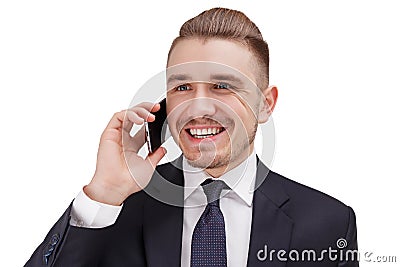 Successful smiling bussinessman talking on phone with his partner. Stock Photo