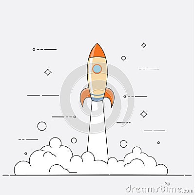 Successful startup business concept. Vector illustration with rocket launch and laptop on the background. Vector Illustration